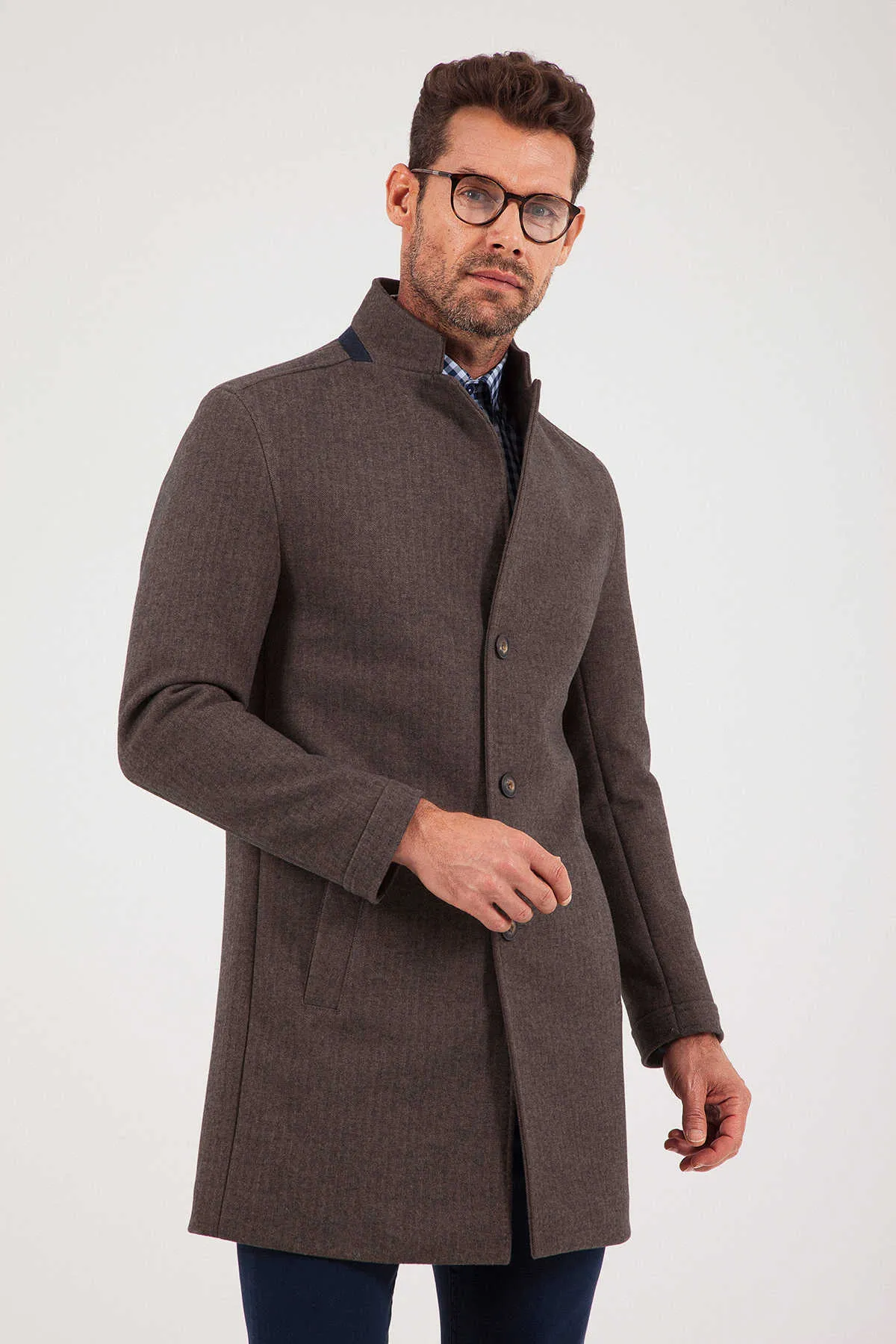 Slim Fit Notch Lapel Cotton Blend Brown Overcoat, Brown Herringbone