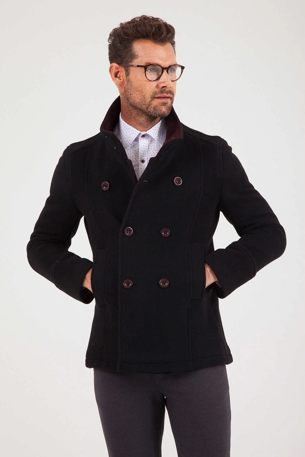 Slim Fit Notch Lapel JPTR Vegas Wool Light Brown Overcoat, Black Burgundy