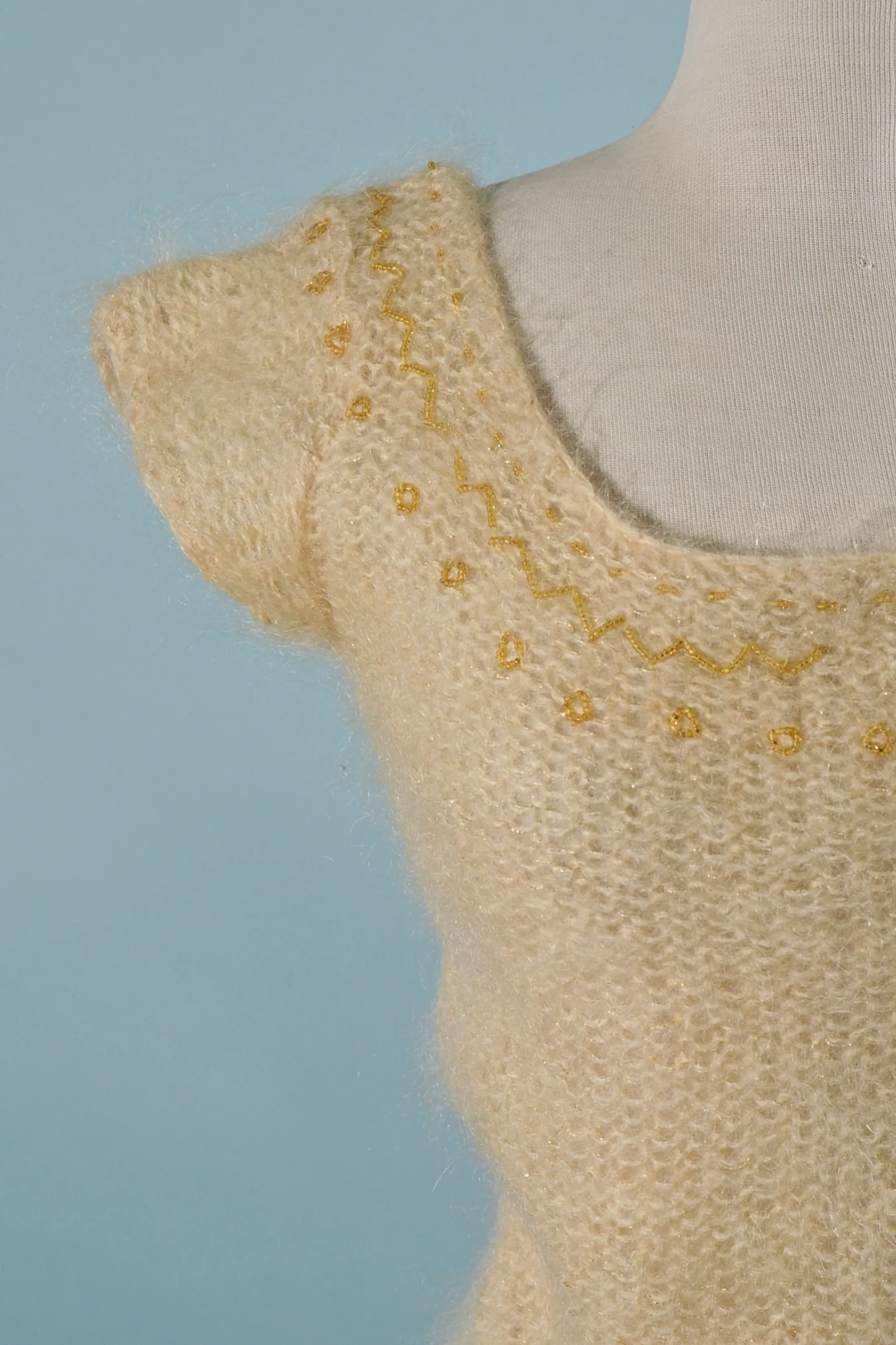 SOLD 70s Cream Mohair Wool Beaded Sweater, Short Sleeve S