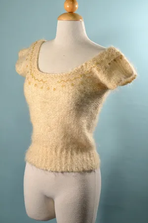 SOLD 70s Cream Mohair Wool Beaded Sweater, Short Sleeve S