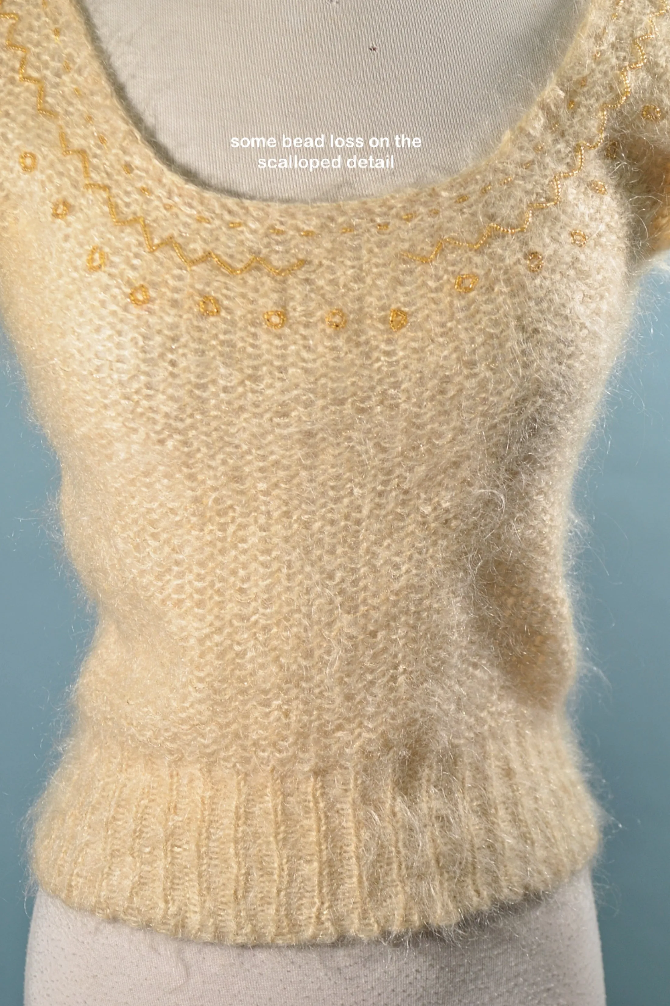 SOLD 70s Cream Mohair Wool Beaded Sweater, Short Sleeve S