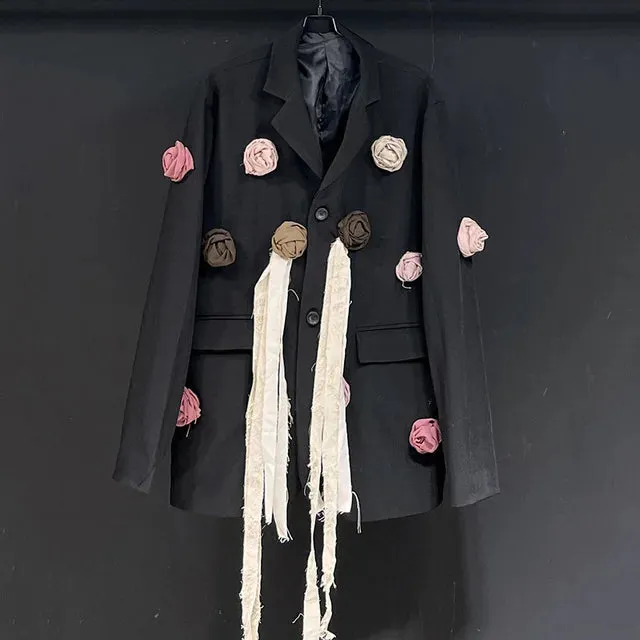 Solid Black Patchwork Roses Loose Blazer