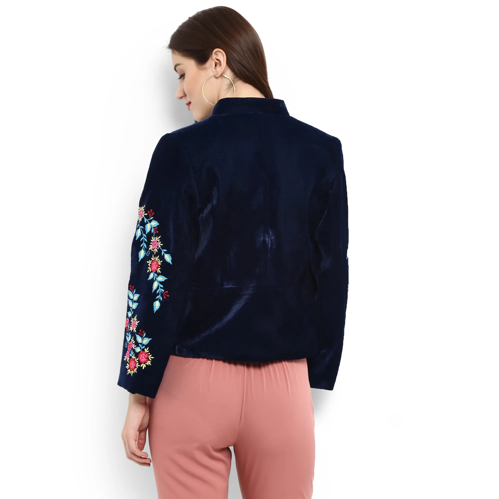 Solid Embroidered Front Open Blazer