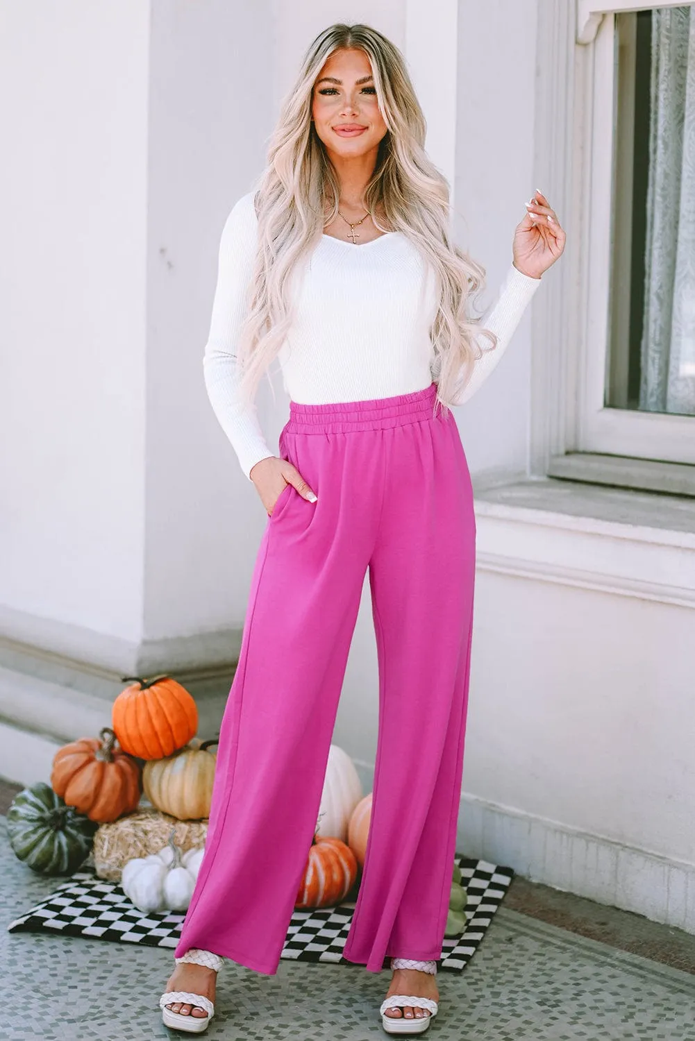 Solid Long Sleeve Crop Top & Trousers Two-Piece Suit