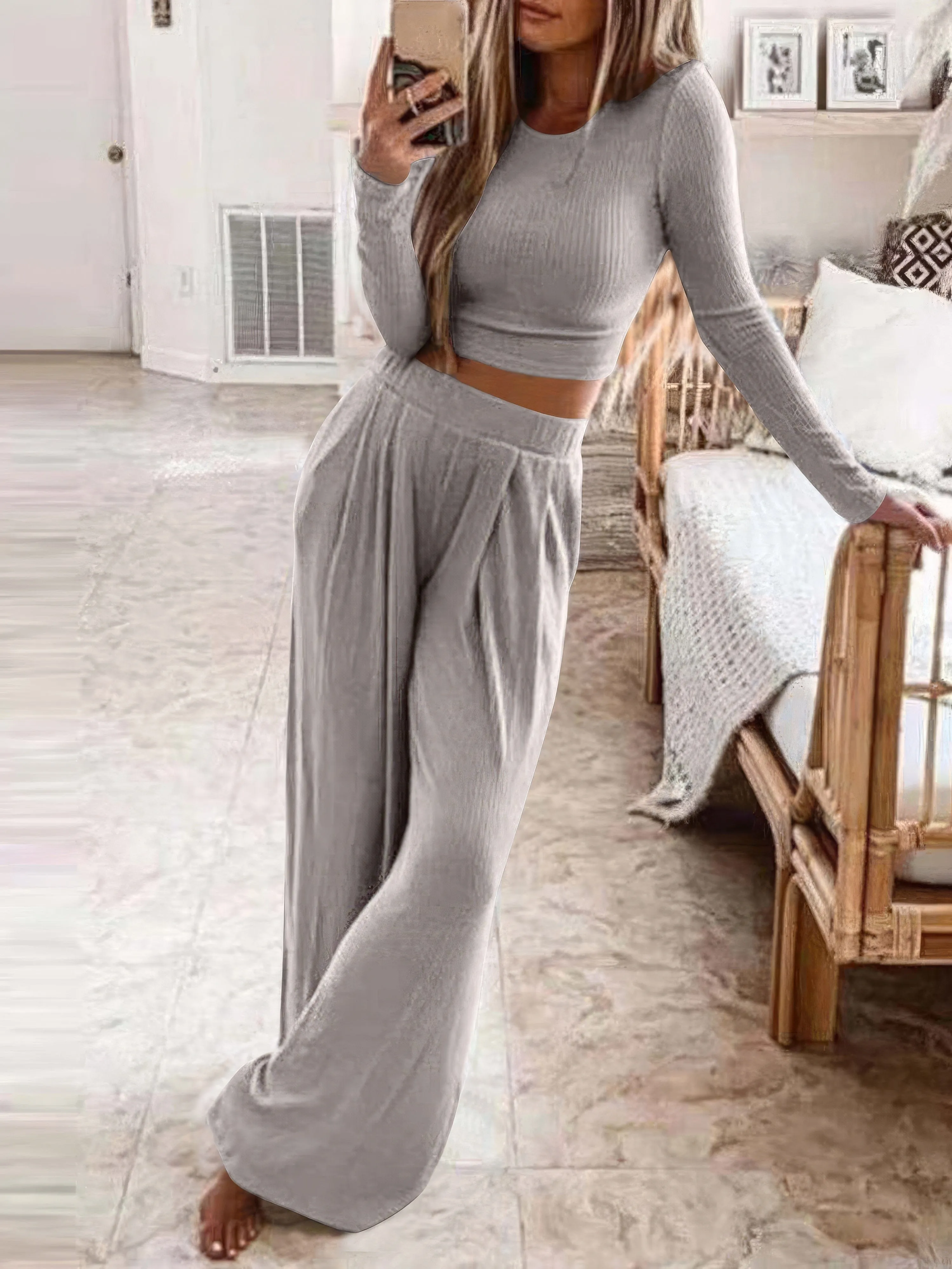 Solid Long Sleeve Crop Top & Trousers Two-Piece Suit