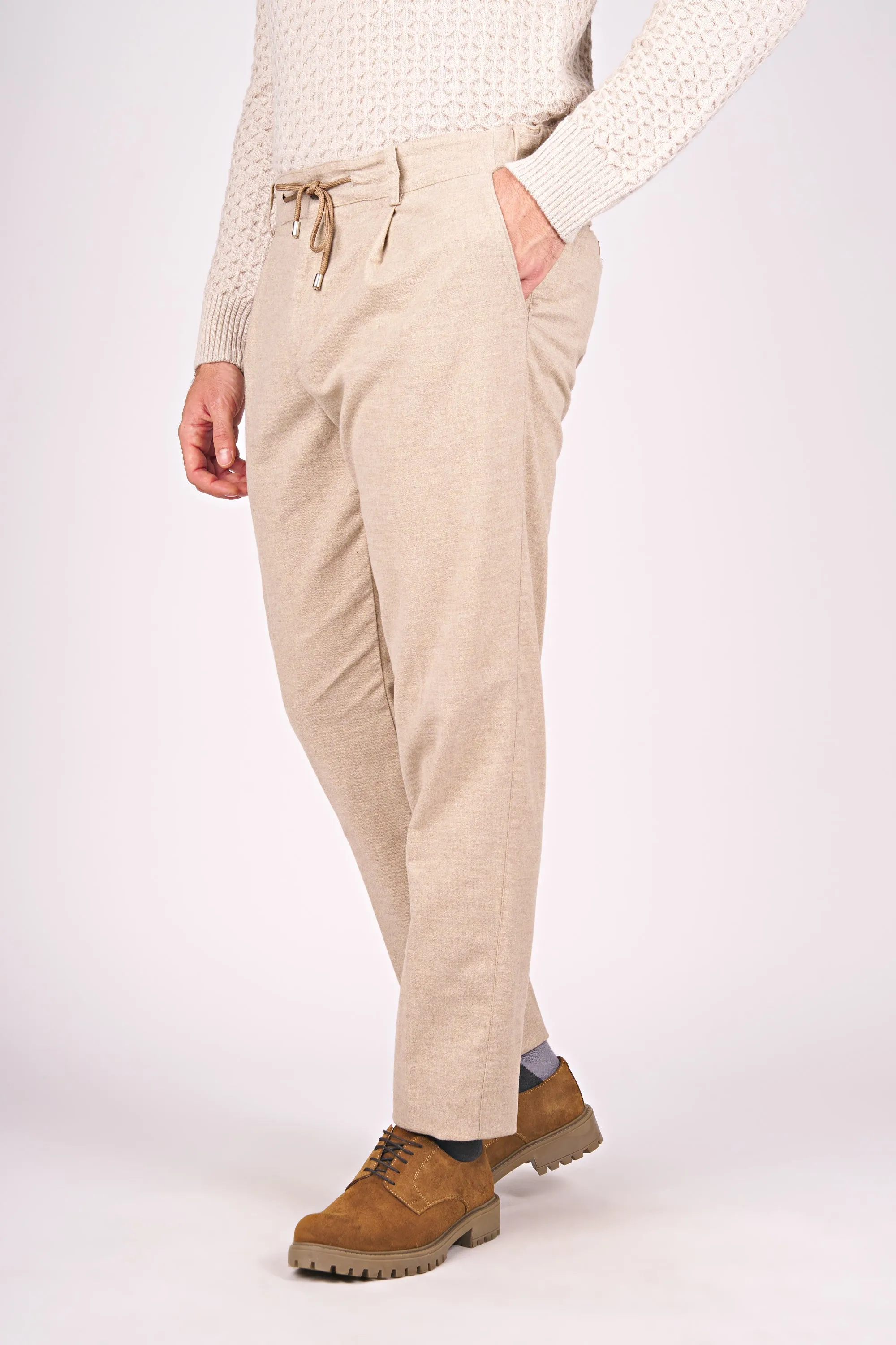 Stonewashed Melange Cotton Jersey Pants with Drawstring