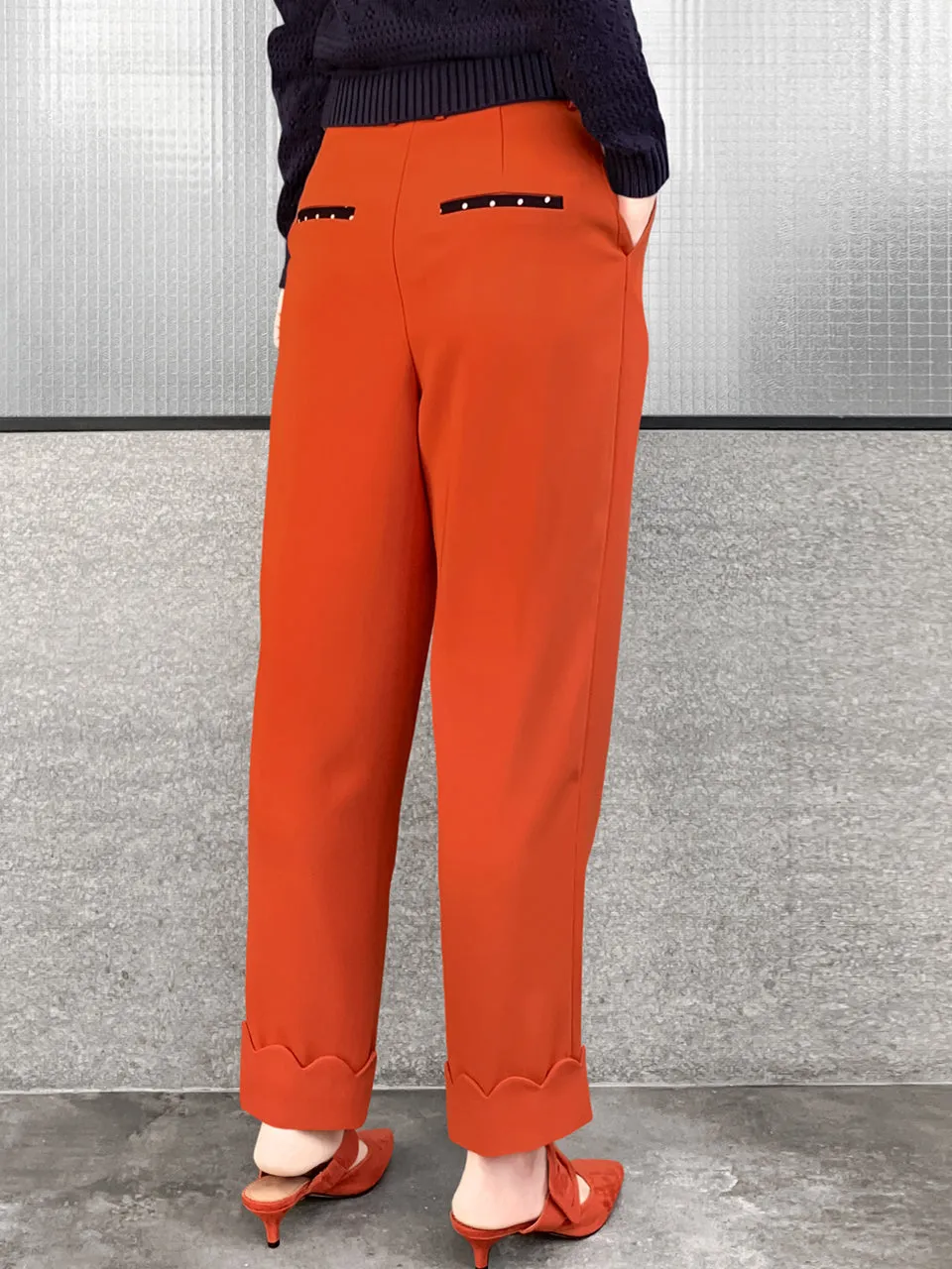 Surprise Sale! Orange Scallop Cuffed Hem Pleat Front Pants