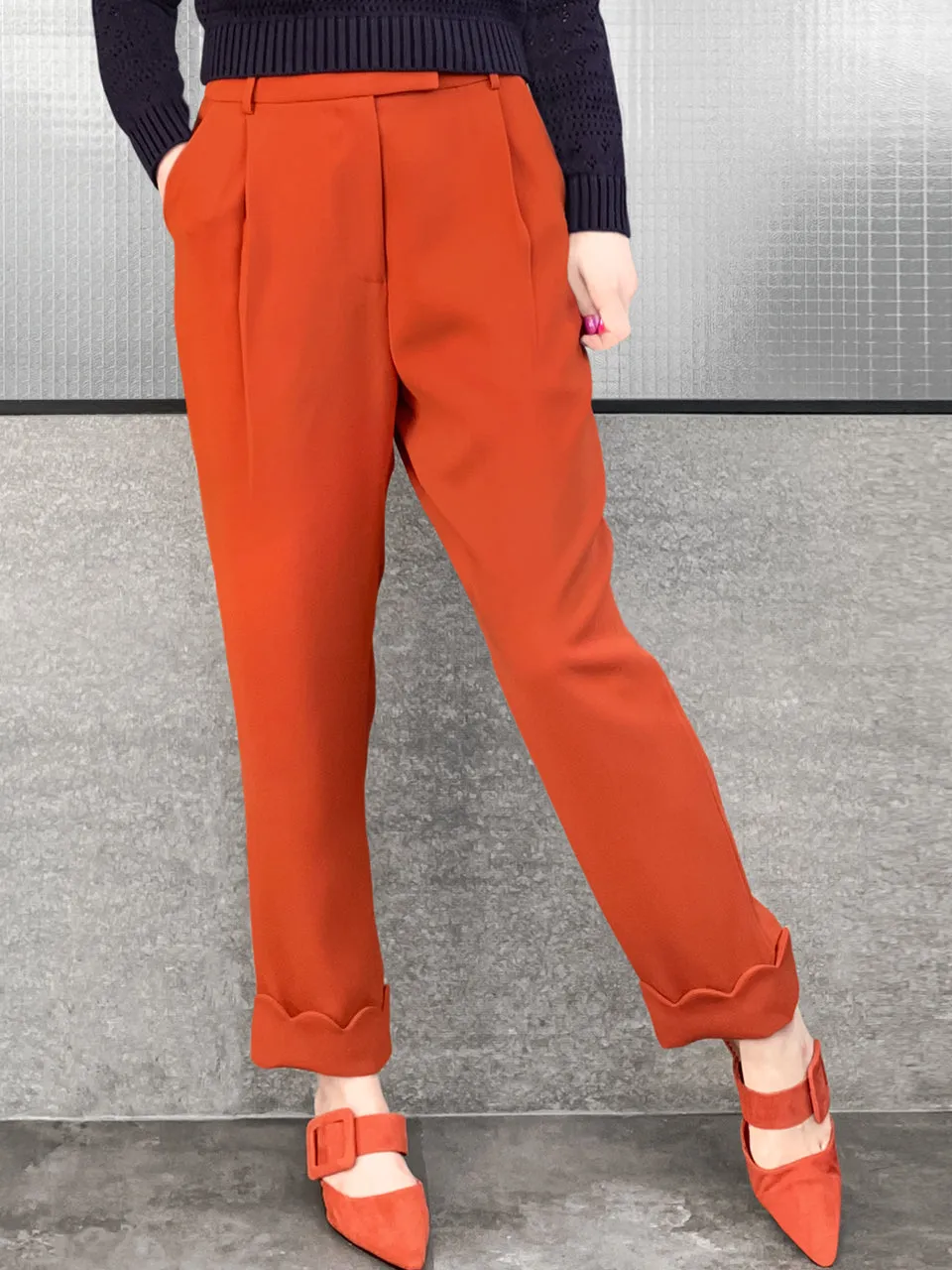 Surprise Sale! Orange Scallop Cuffed Hem Pleat Front Pants