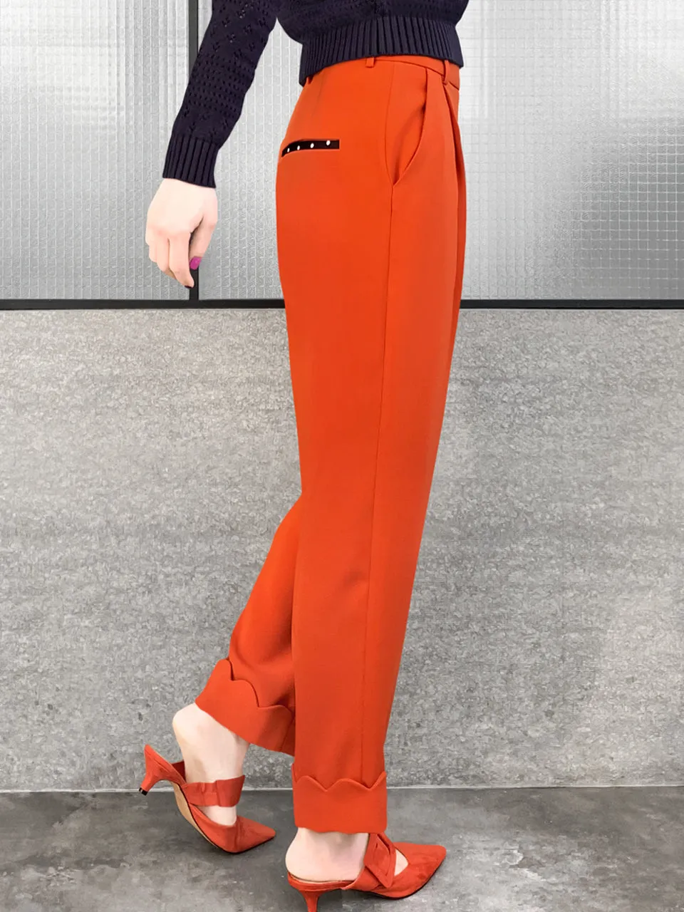 Surprise Sale! Orange Scallop Cuffed Hem Pleat Front Pants