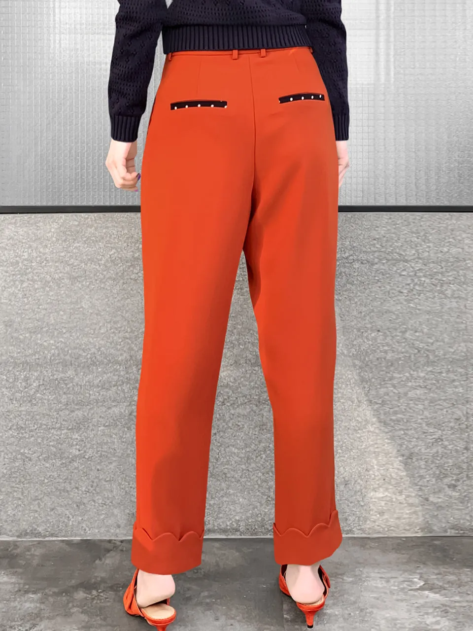 Surprise Sale! Orange Scallop Cuffed Hem Pleat Front Pants