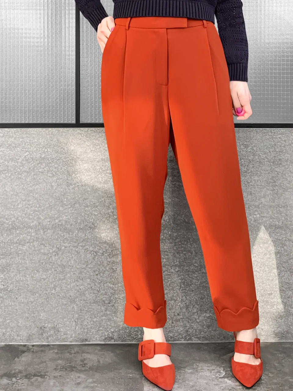 Surprise Sale! Orange Scallop Cuffed Hem Pleat Front Pants