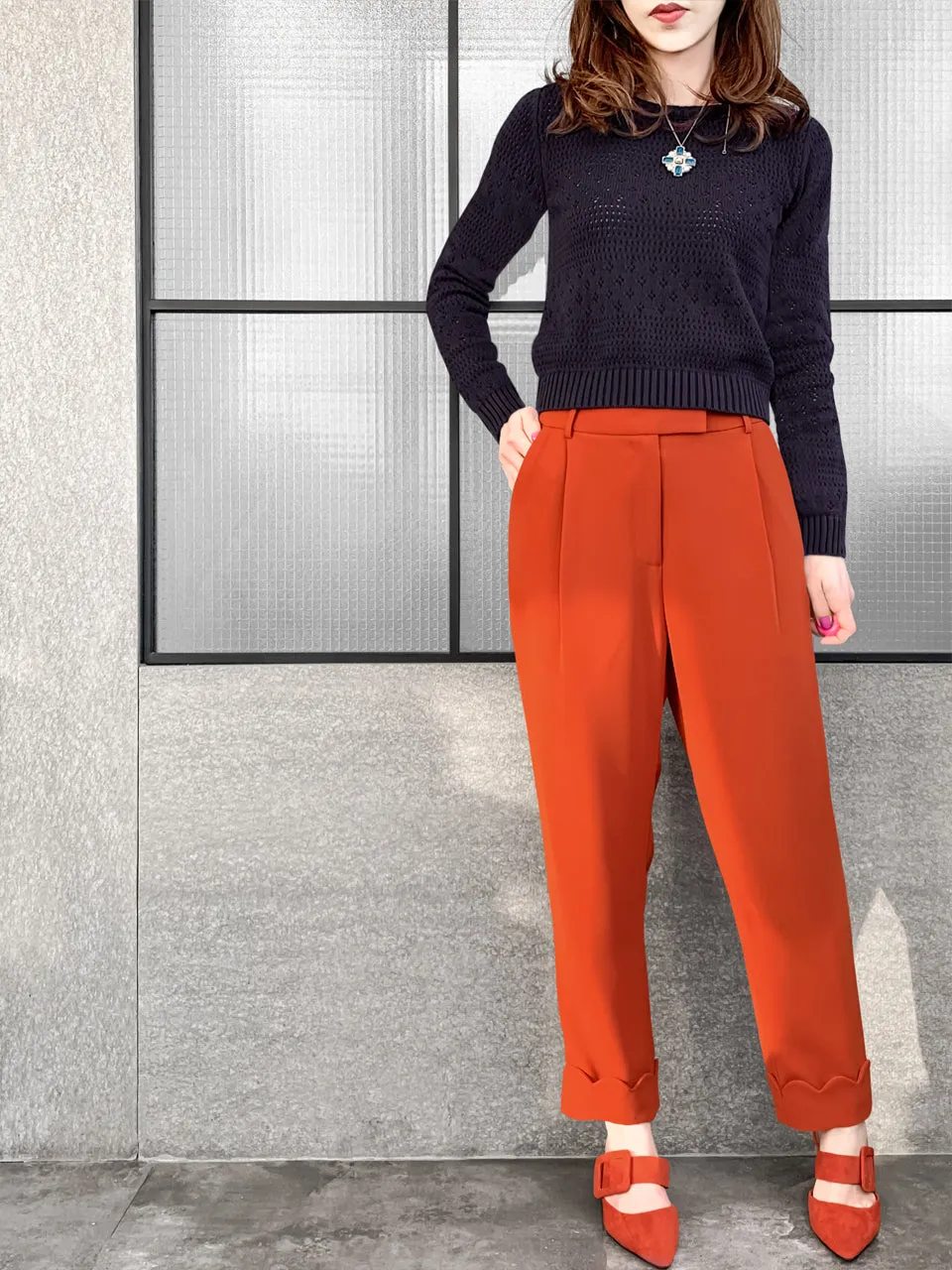 Surprise Sale! Orange Scallop Cuffed Hem Pleat Front Pants