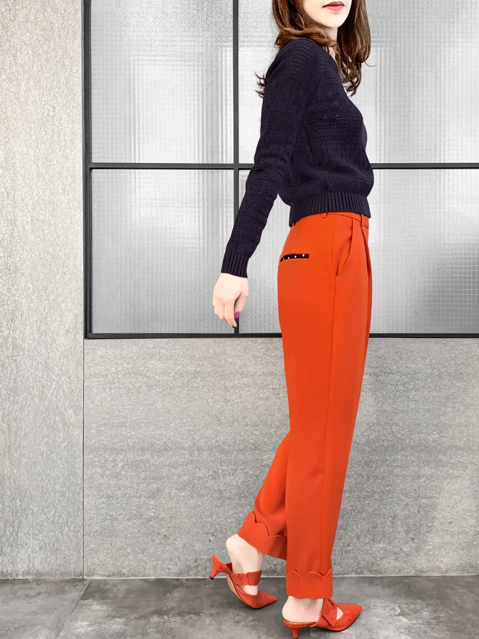 Surprise Sale! Orange Scallop Cuffed Hem Pleat Front Pants