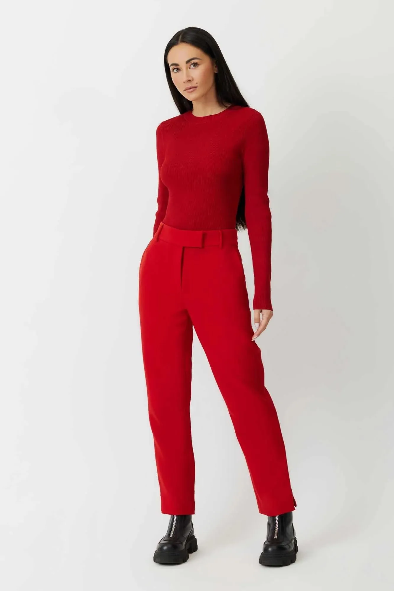 The Nelly - Lipstick Red Straight Leg Japanese Twill Trousers