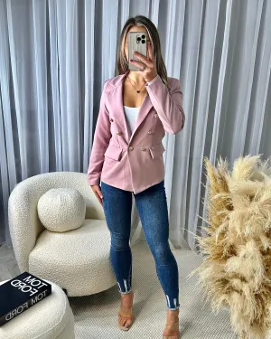 Thea Fitted Gold Button Blazer - Dusky Pink