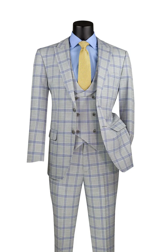 Vinci Modern Fit Windowpane Suit 3 Piece with U-Neck Vest Light Gray MV2W-5