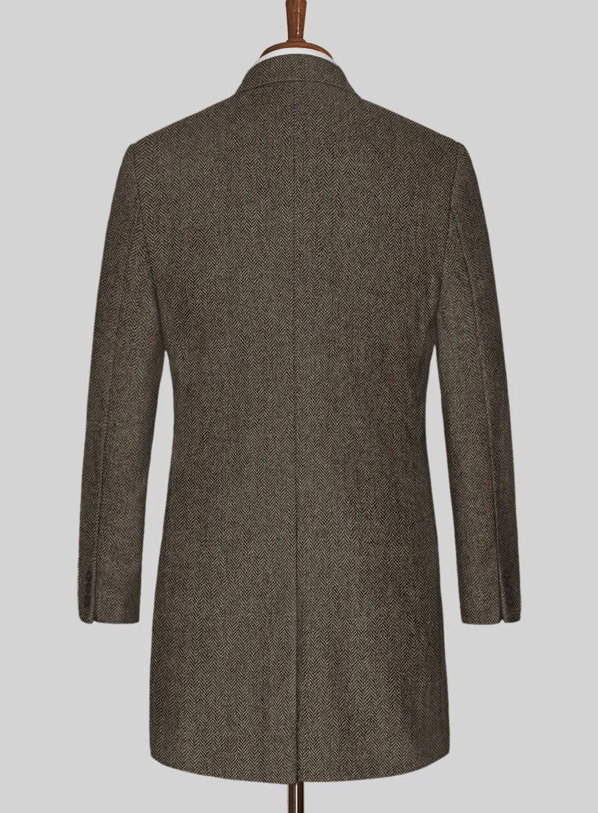 Vintage Dark Brown Herringbone Tweed Overcoat