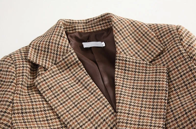 Vintage Women Blazer | Plaid Female Suit Jacket | Women Plaid Blazer | Collared Front Buttons Women Coat | Vintage Plaid Blazer Plaid Brown