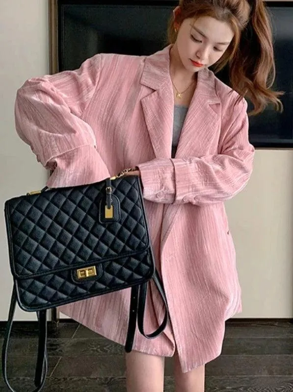 Wenkouban-Winter outfits Christmas Black Friday Notched Collar Oversized Pink Double Breasted Blazer