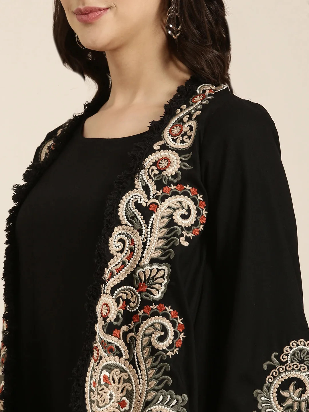 Women A-Line Black Solid Kurta Comes With Overcoat