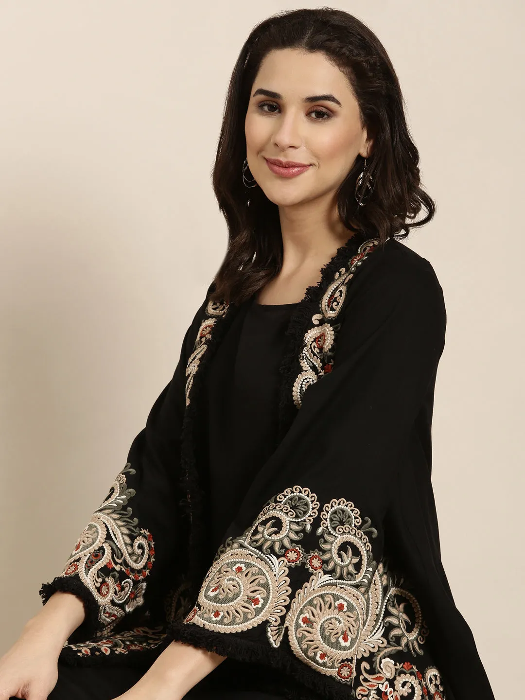 Women A-Line Black Solid Kurta Comes With Overcoat