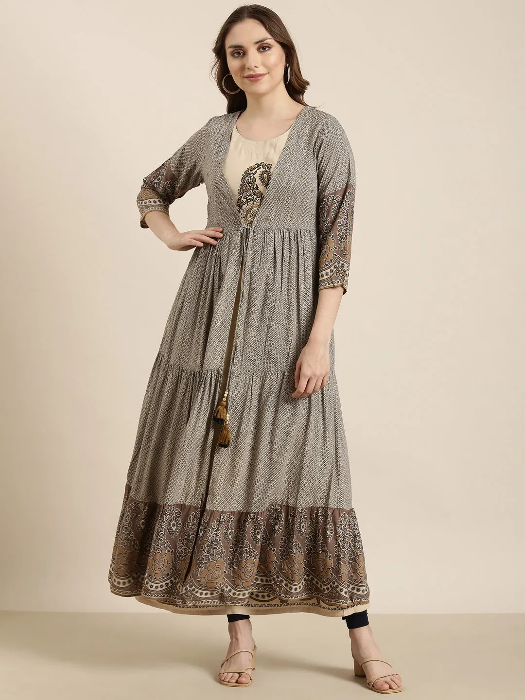 Women Anarkali Beige Ethnic Motifs Kurta Comes With Overcoat