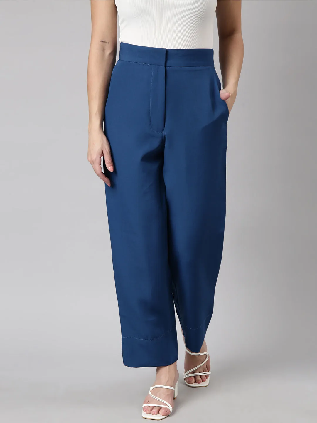 Women Solid Teal Parallel Trousers