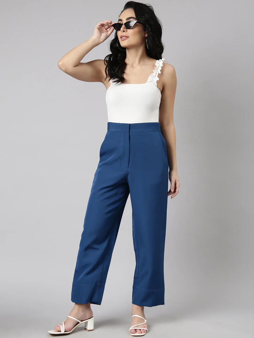 Women Solid Teal Parallel Trousers