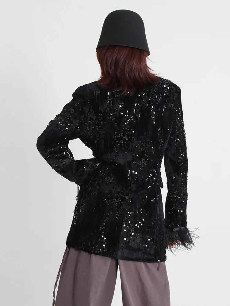 Women's Black Sequin Feather Boyfriend Blazer