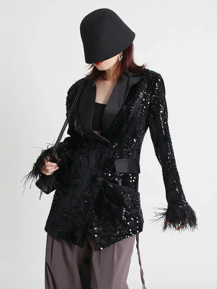 Women's Black Sequin Feather Boyfriend Blazer