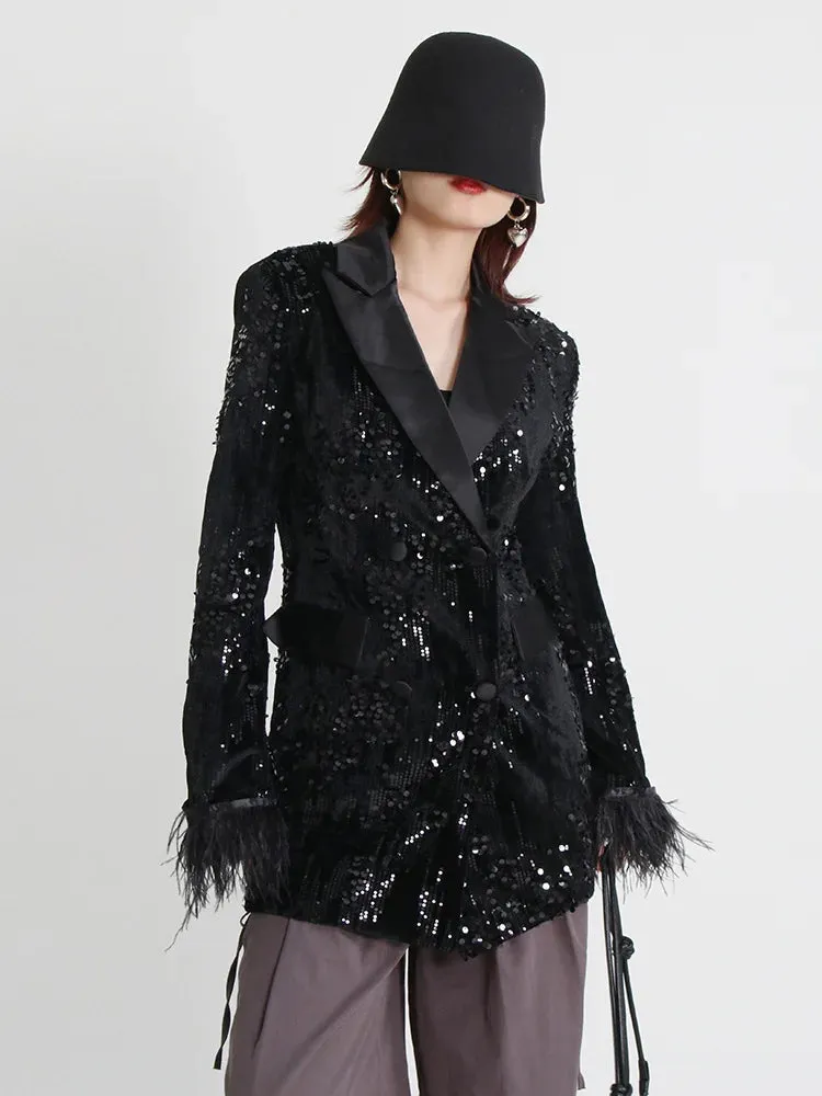 Women's Black Sequin Feather Boyfriend Blazer