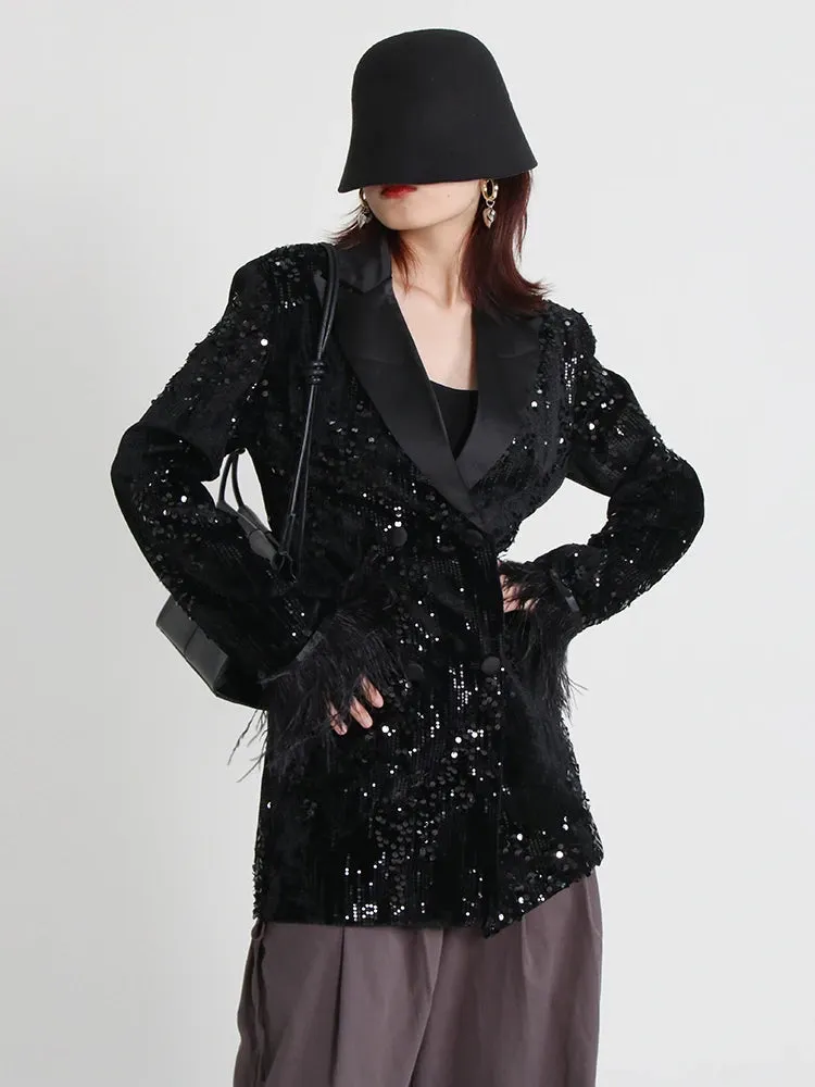 Women's Black Sequin Feather Boyfriend Blazer