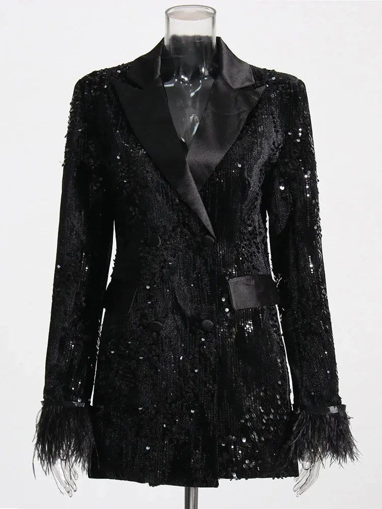 Women's Black Sequin Feather Boyfriend Blazer