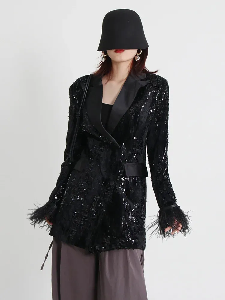 Women's Black Sequin Feather Boyfriend Blazer