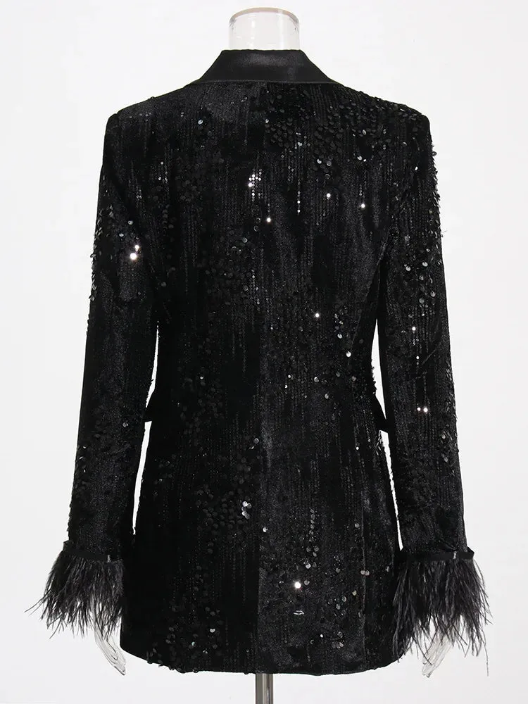 Women's Black Sequin Feather Boyfriend Blazer