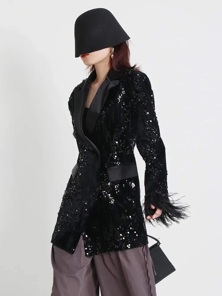 Women's Black Sequin Feather Boyfriend Blazer