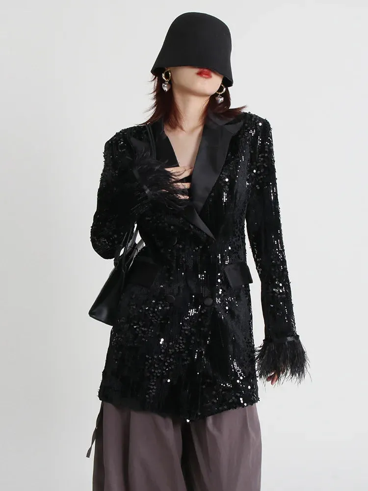 Women's Black Sequin Feather Boyfriend Blazer