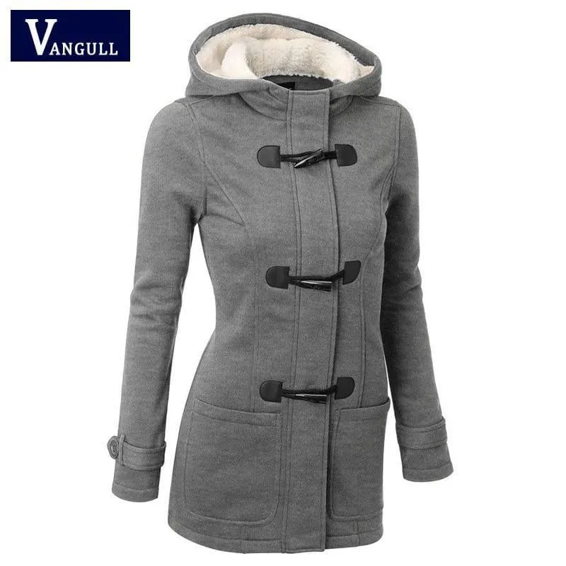 Womens Overcoat Hooded Coat Zipper Horn Button Coat