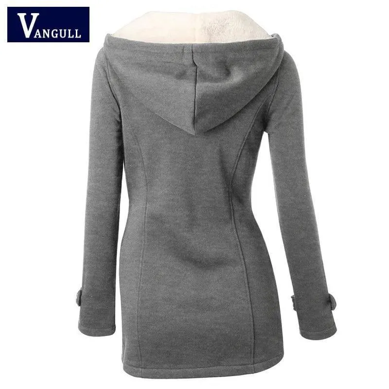 Womens Overcoat Hooded Coat Zipper Horn Button Coat