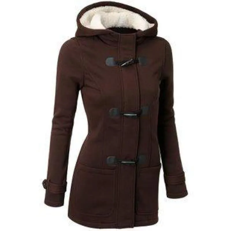 Womens Overcoat Hooded Coat Zipper Horn Button Coat