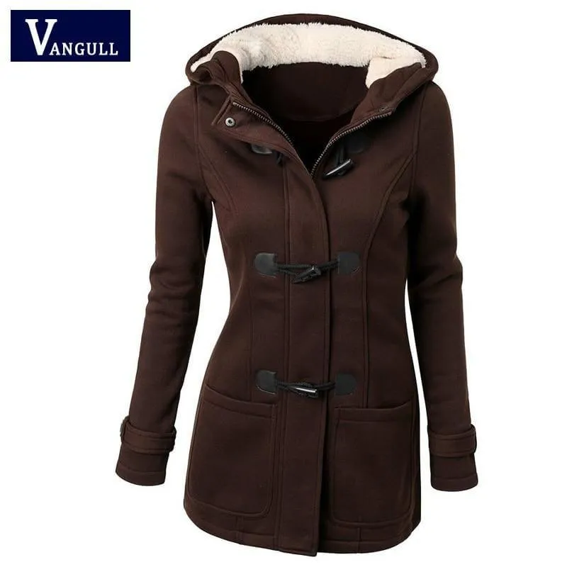 Womens Overcoat Hooded Coat Zipper Horn Button Coat