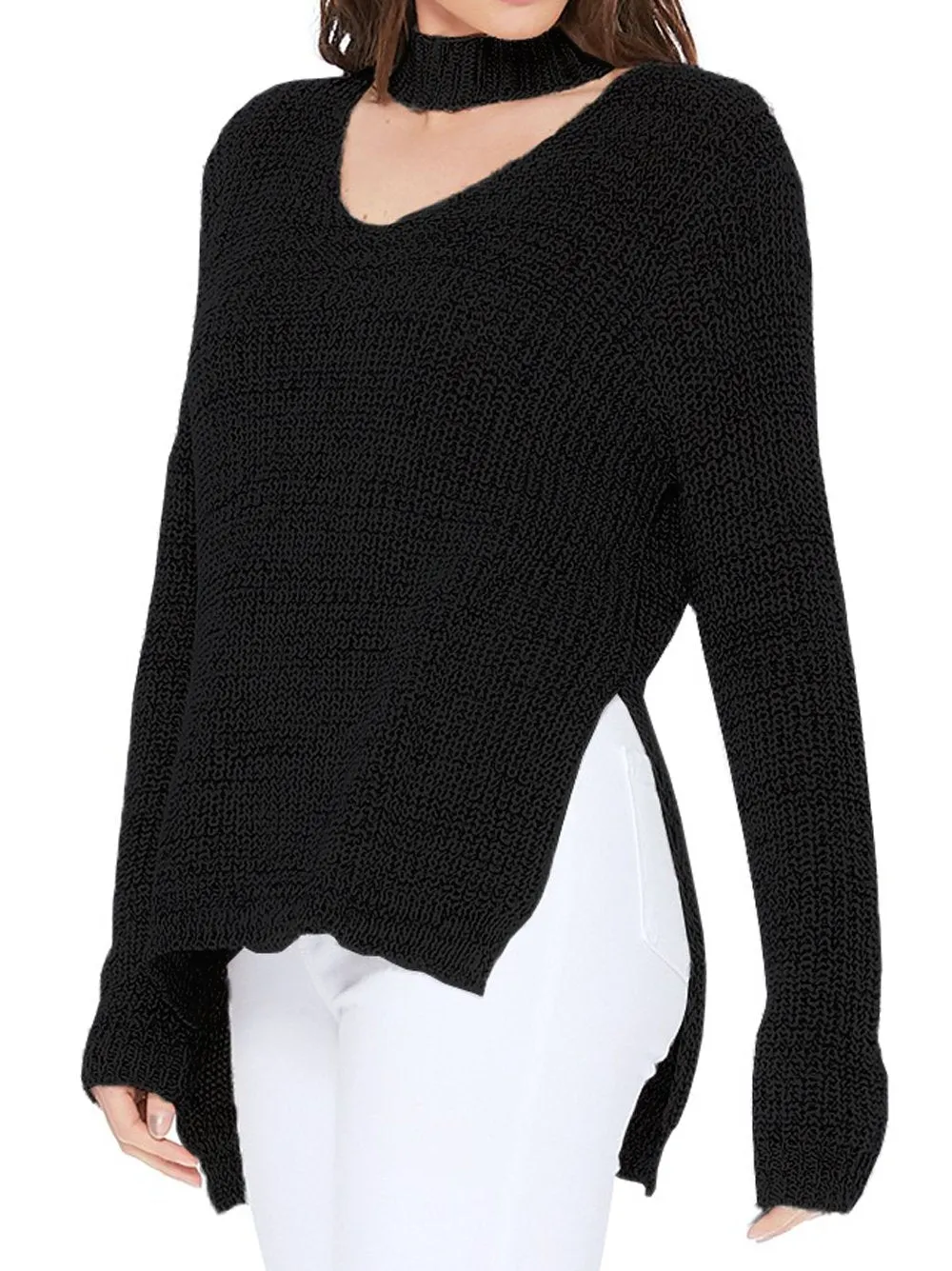 YEMAK Women's V-Neck Choker Style Side Slit Casual Knit Pullover Sweater MK8143