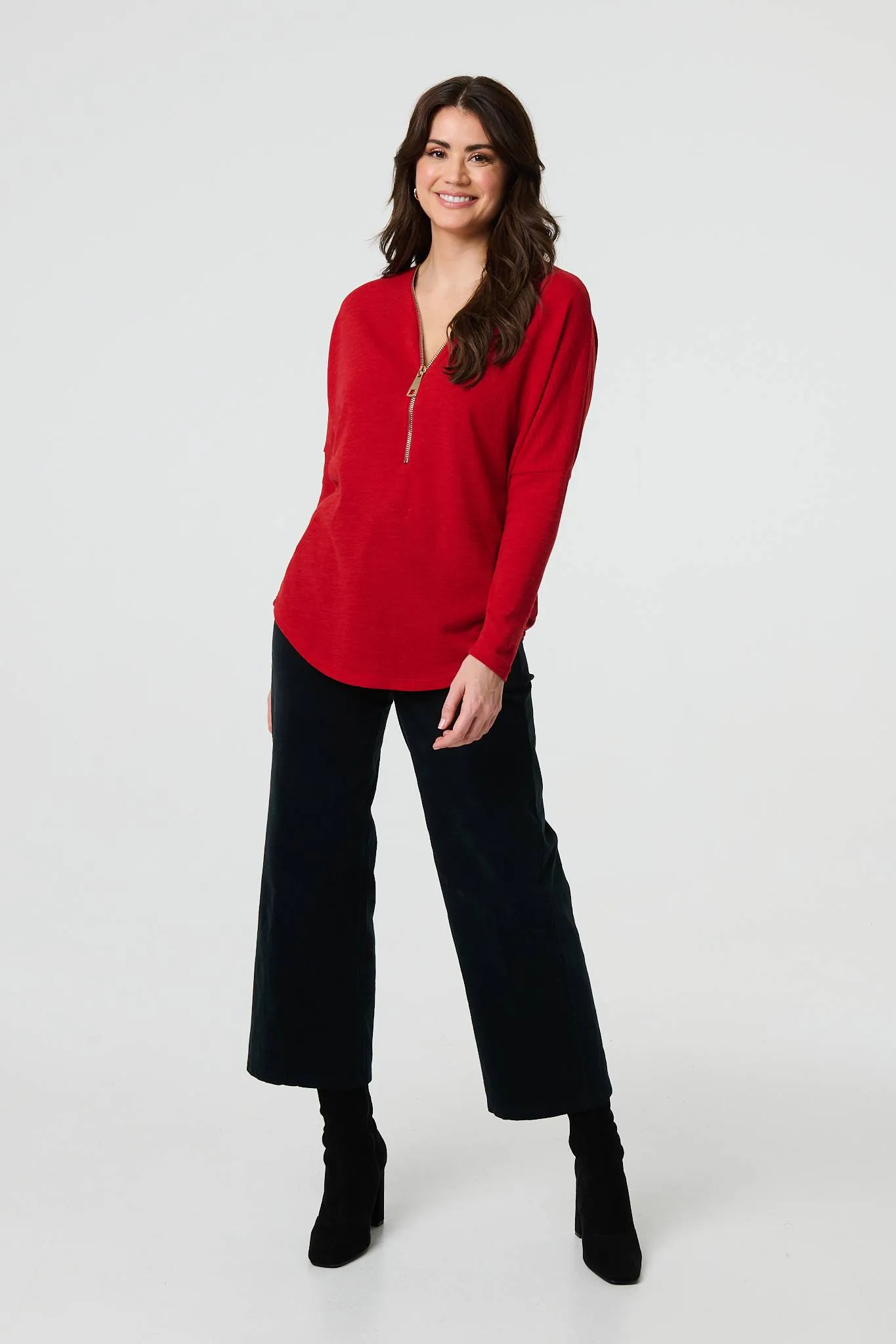 Zip Front V-Neck Relaxed 3/4 Sleeve Top