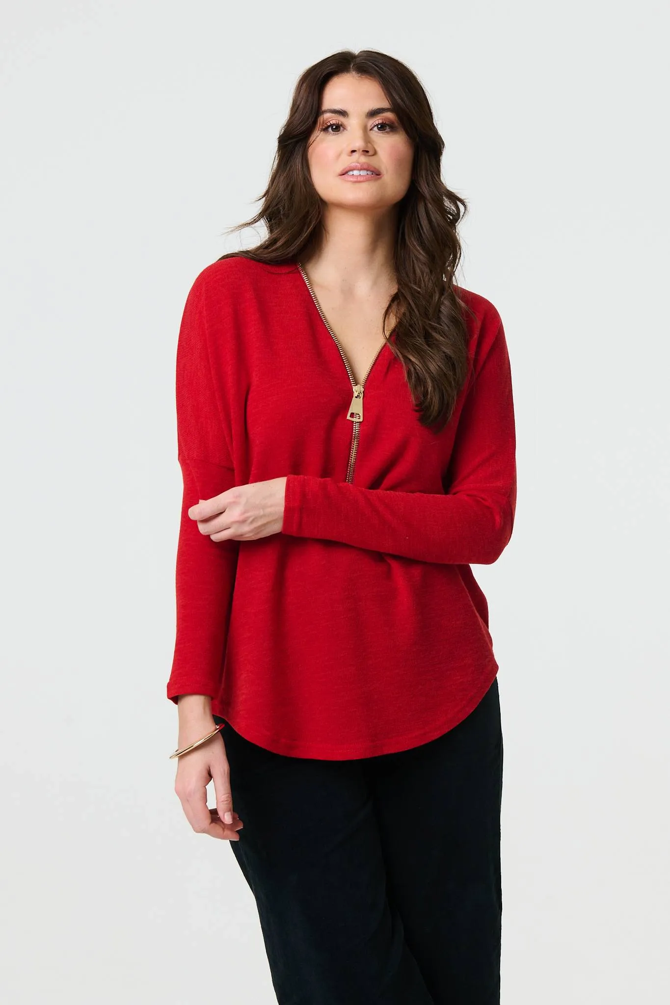 Zip Front V-Neck Relaxed 3/4 Sleeve Top