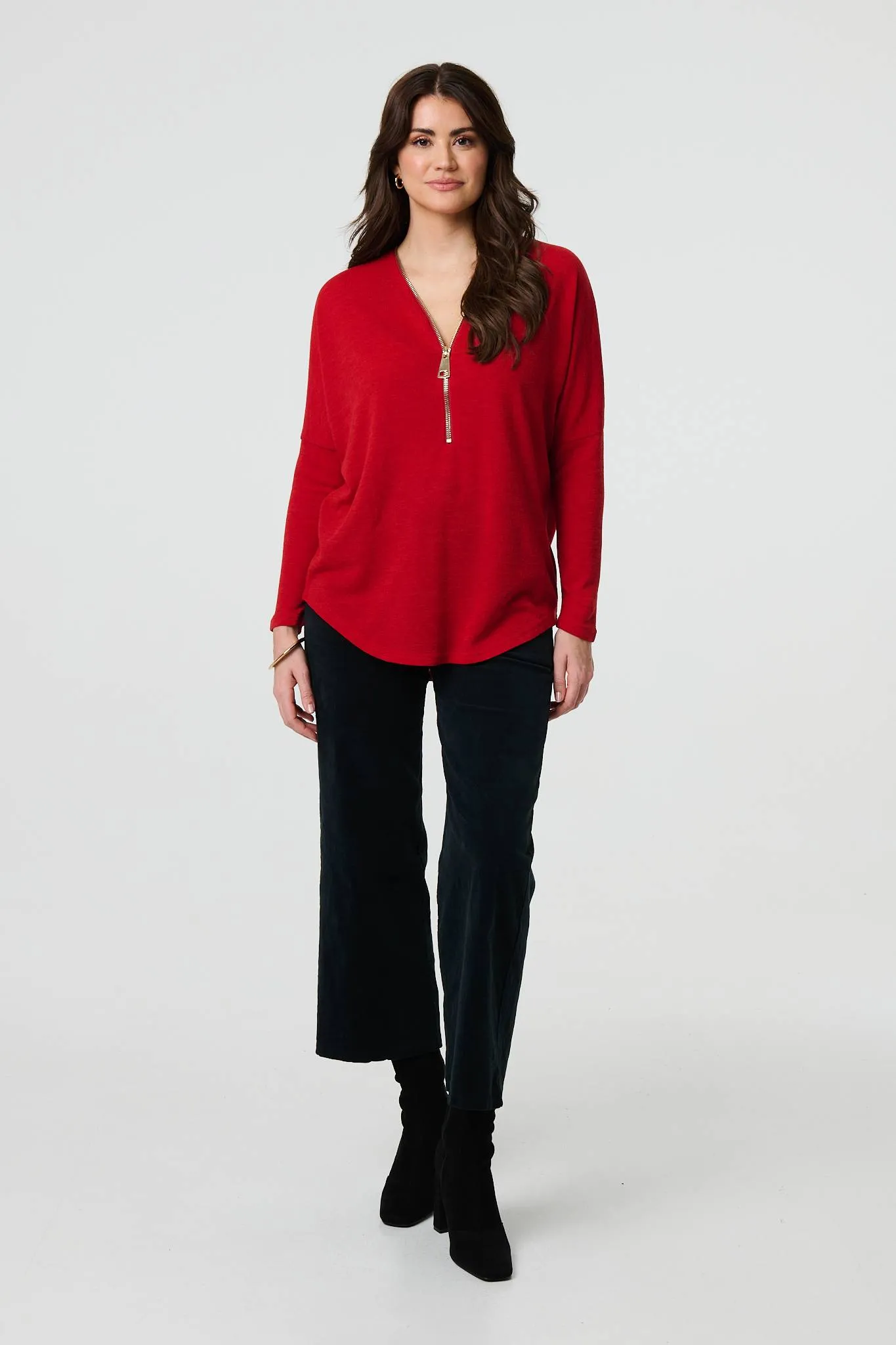 Zip Front V-Neck Relaxed 3/4 Sleeve Top