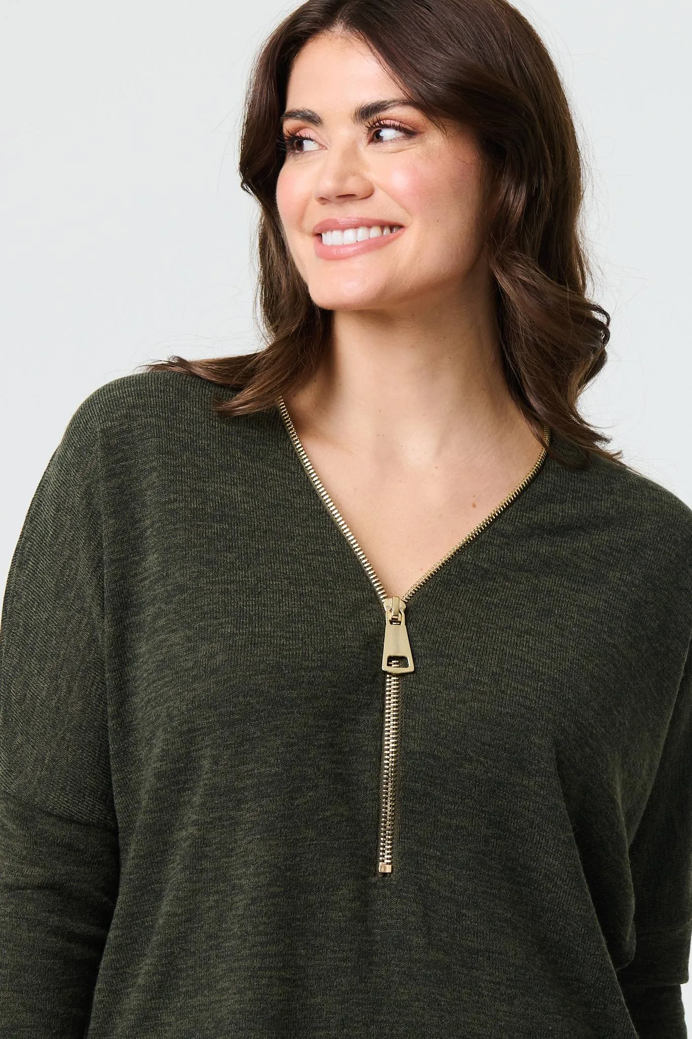 Zip Front V-Neck Relaxed 3/4 Sleeve Top